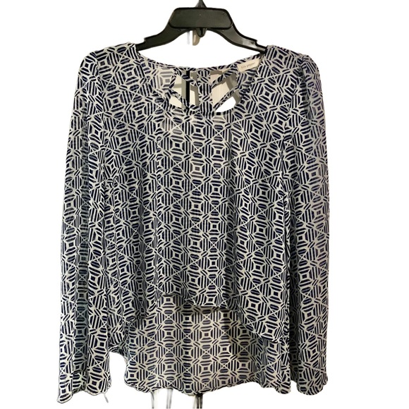 Blu Pepper Tops - Blu Pepper Sheer Blue/White Geometric Blouse High/Low Hem Bell Sleeves  S